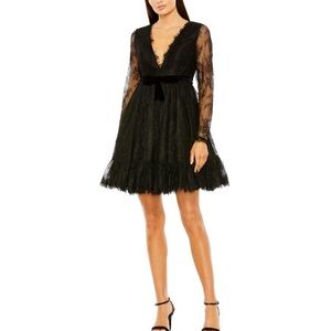 MAC DUGGAL $458 Black‎ Long Sleeve Formal Floral Lace Babydoll Dress 49794 Prom